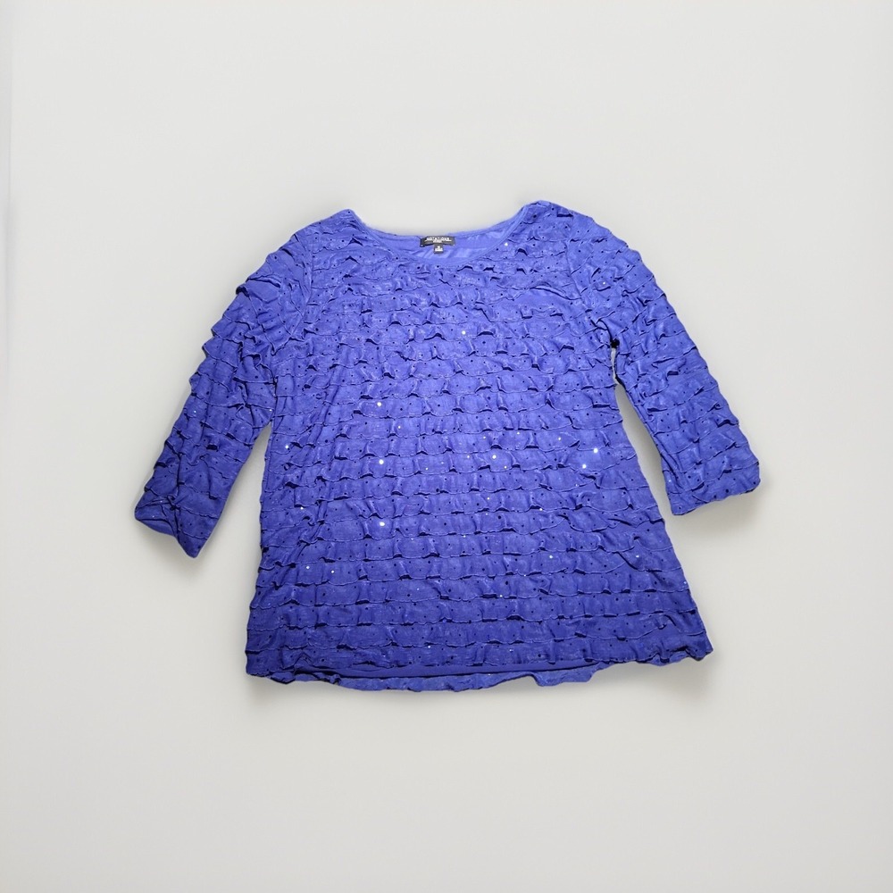 Notations VTG Woman Blue Layered Sparkle Top Size 1X Scoop Neck Long Sleeve